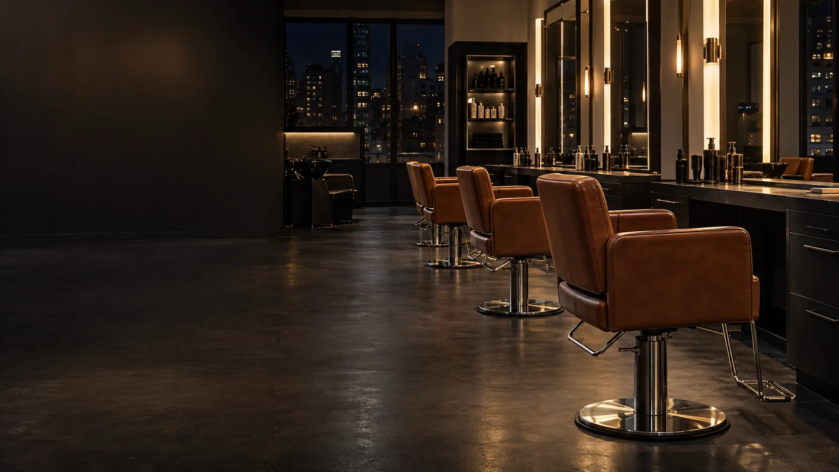 An empty salon at night with lit styling stations and cognac chairs