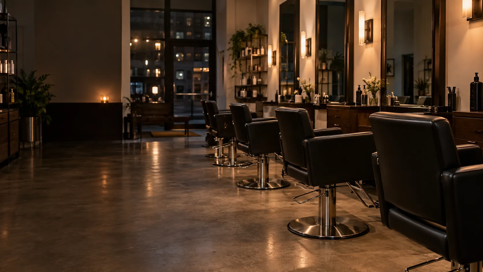 Recovered styling chairs in a salon at evening