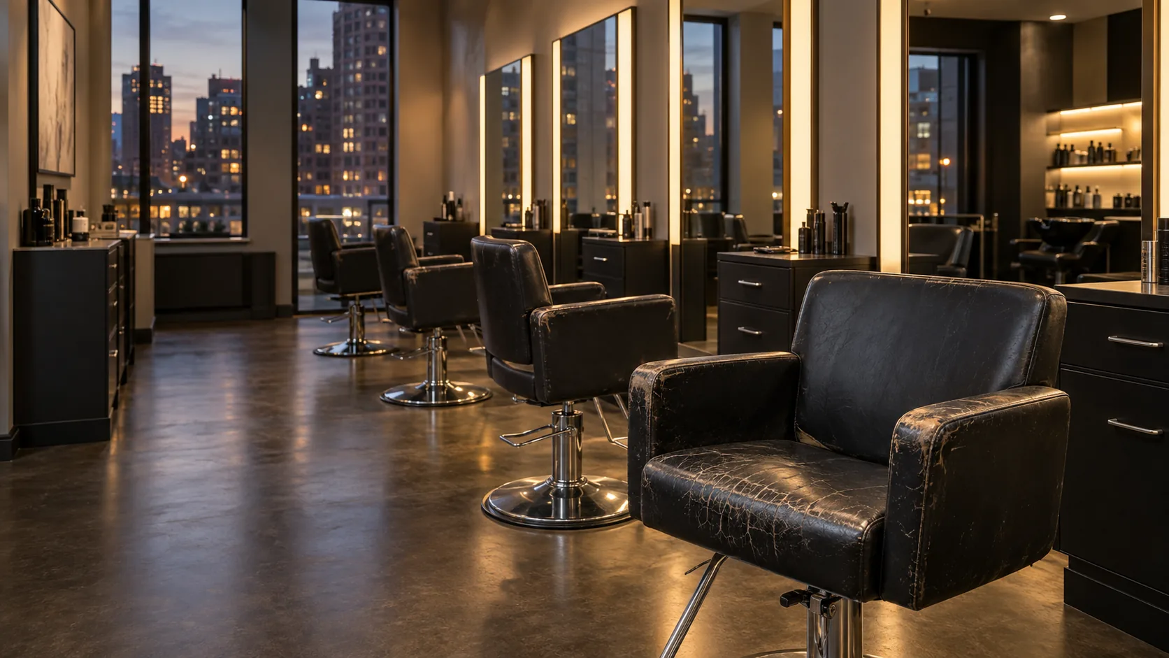 Worn black styling chairs on a salon floor