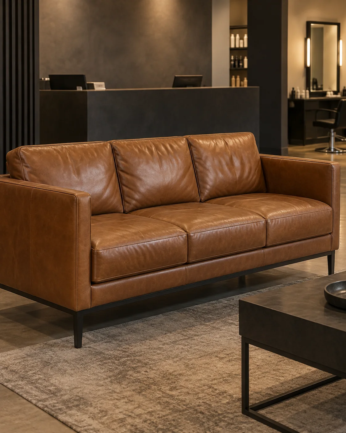 A cognac leather sofa in a salon reception