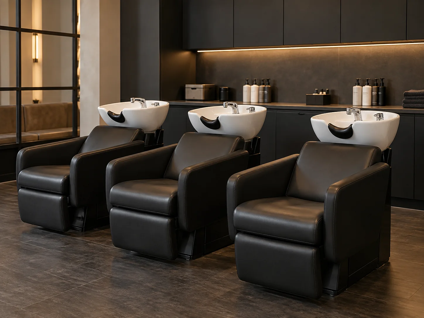 A row of shampoo backwash chairs