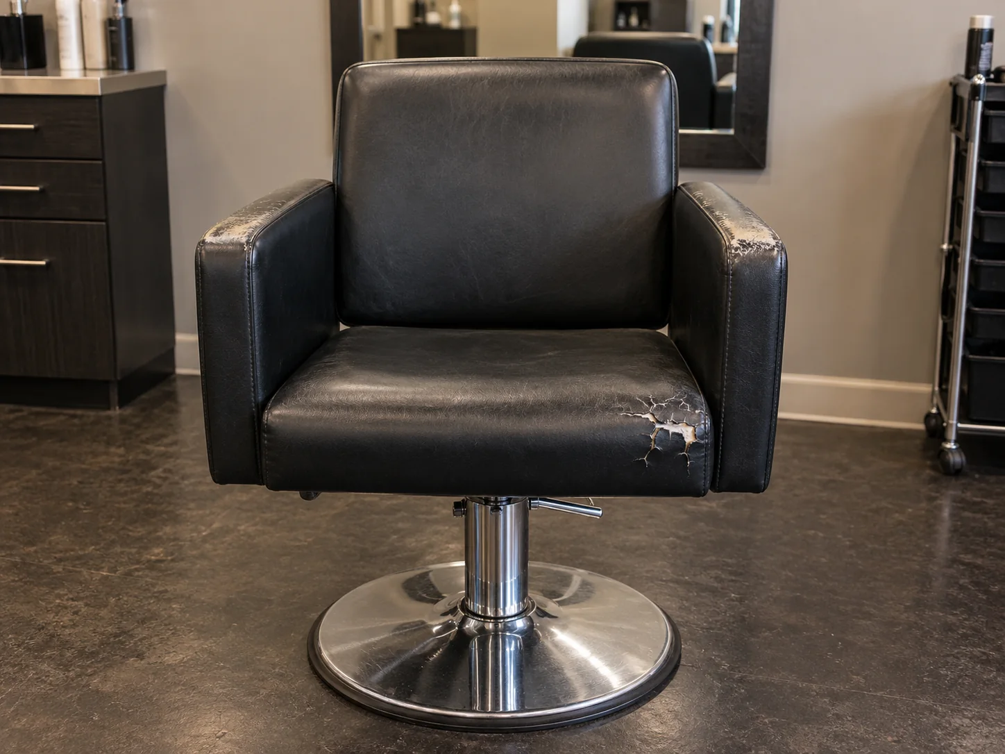 A styling chair before repair