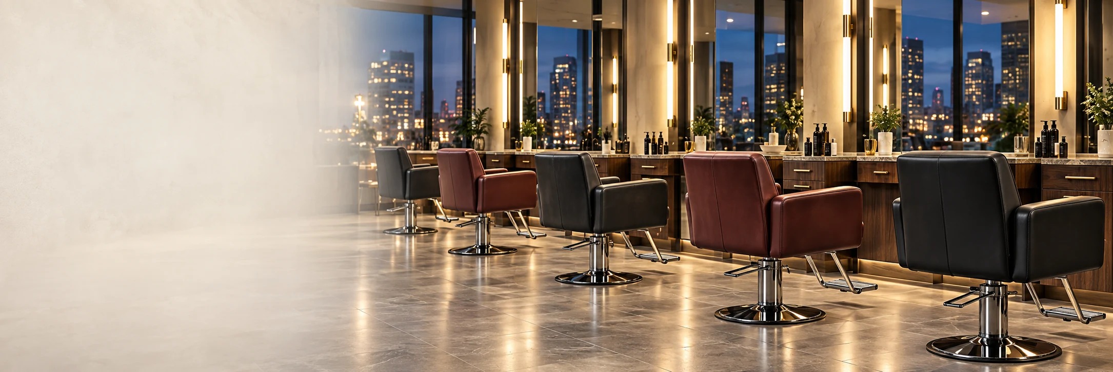 Row of salon styling chairs facing lit mirrors in a Manhattan salon at dusk