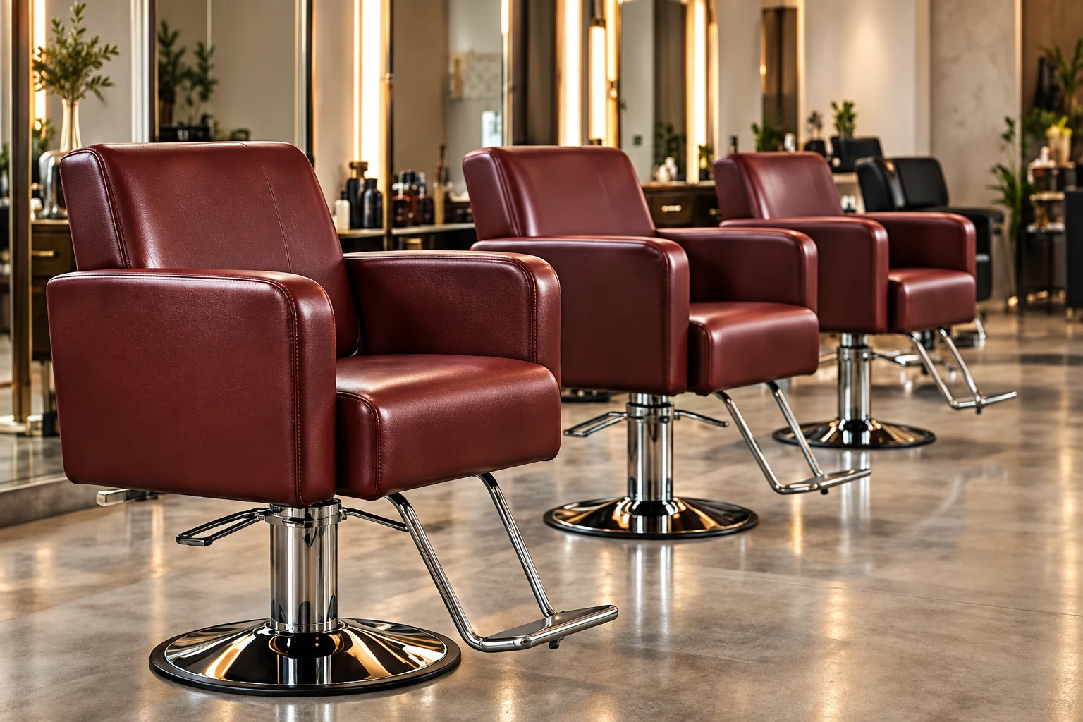 The same row of salon styling chairs recovered in oxblood upholstery with the chrome bases kept