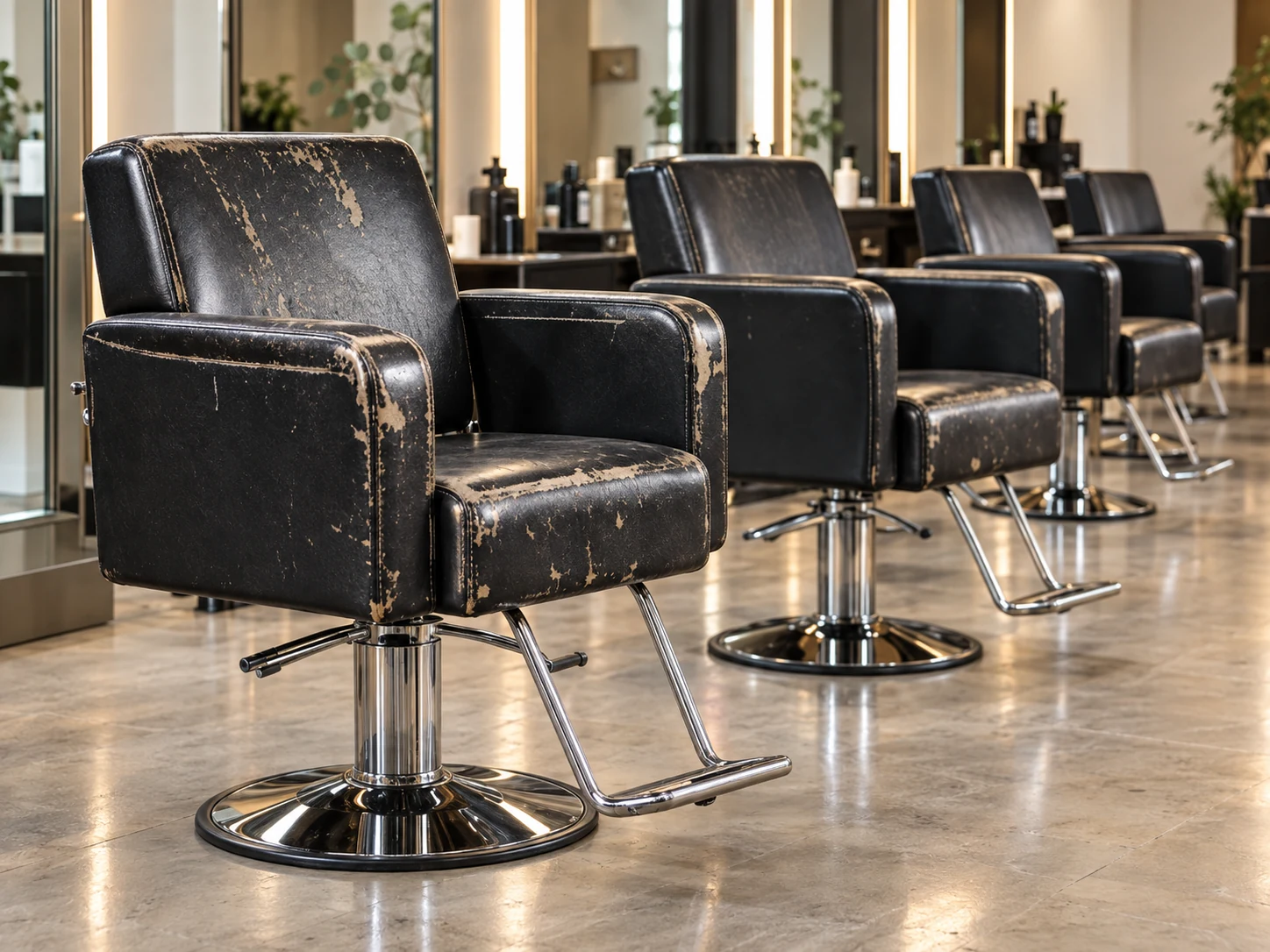 Row of black salon styling chairs worn through to a pale base at the arms and seat fronts