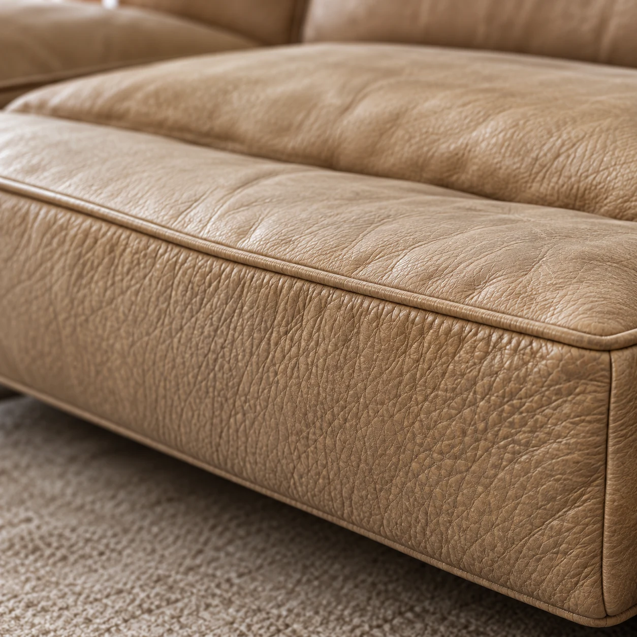 Sand coloured leather sectional seat cushion with a welted edge