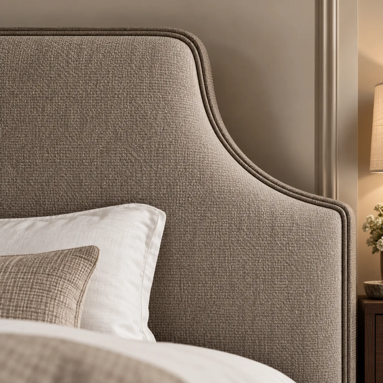 Contrast welt around a scalloped headboard corner