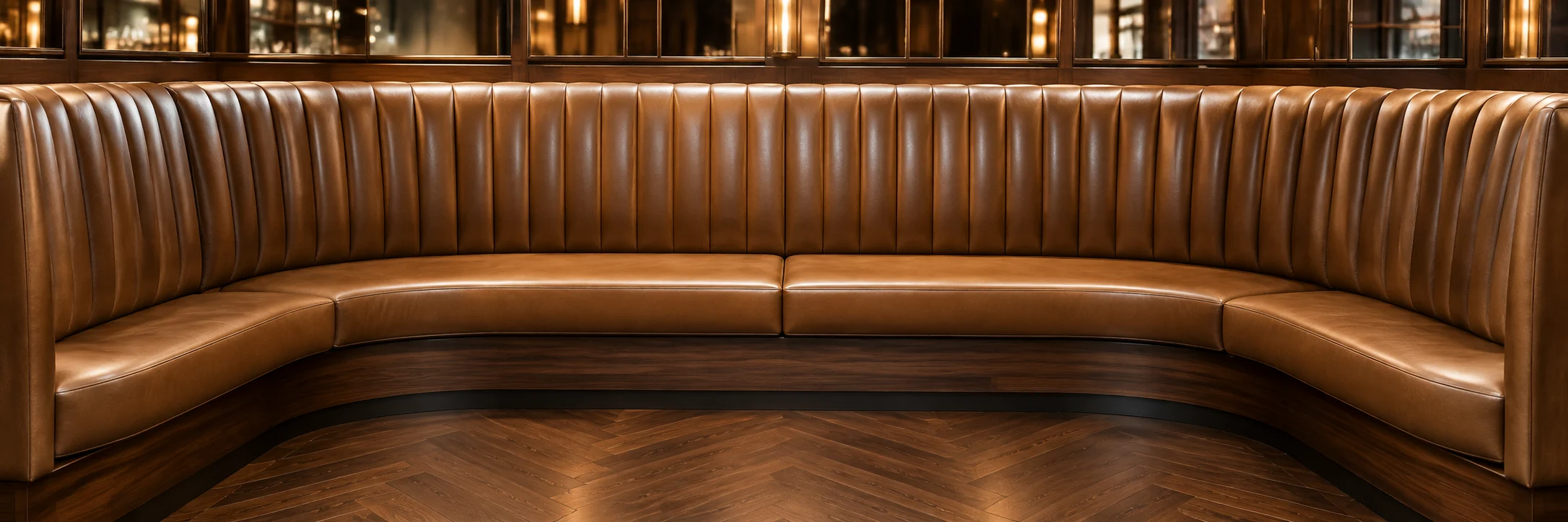 Curved brown leather banquette on a scheduled maintenance contract