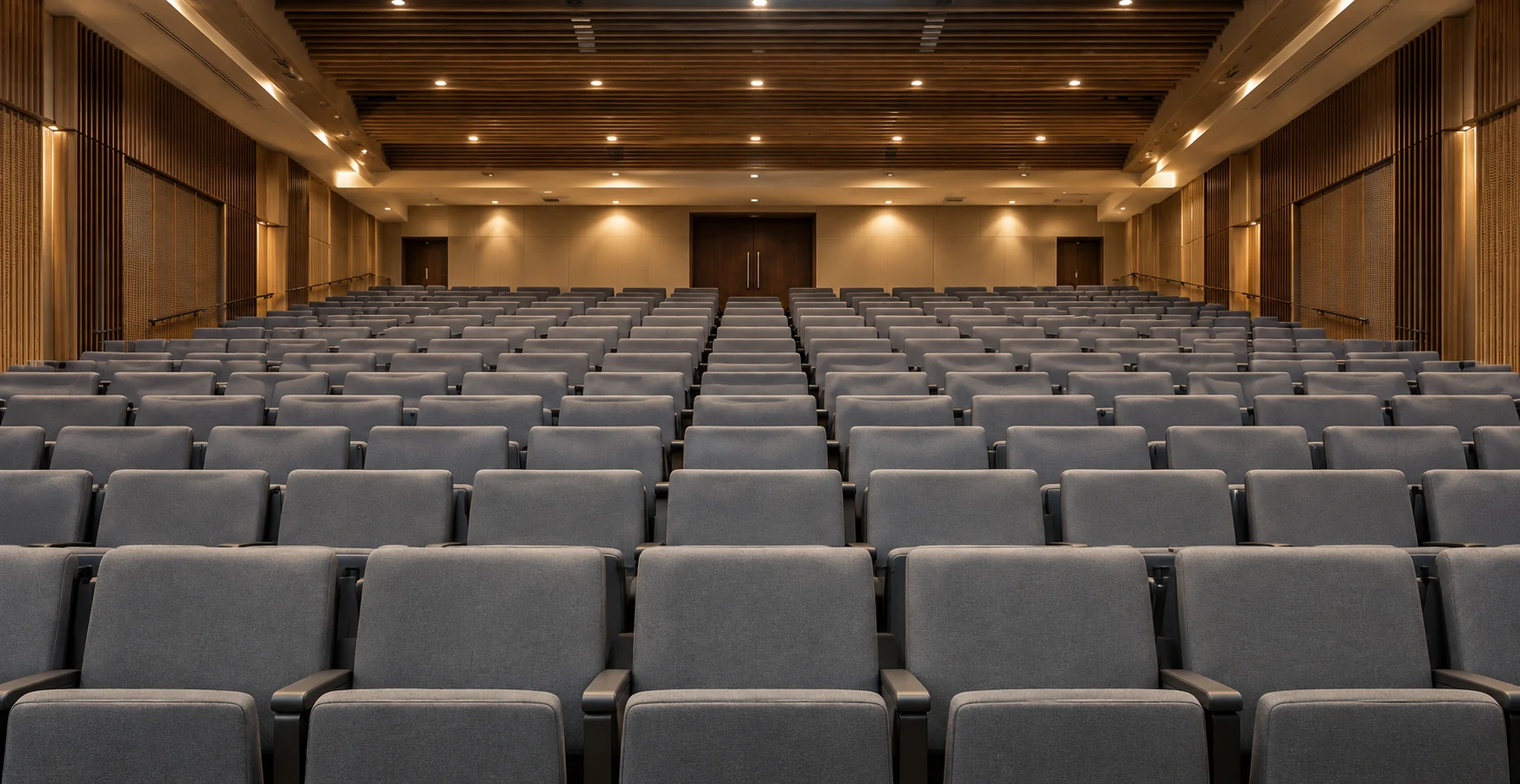Gray fixed seating in a school auditorium with wood wall panelling