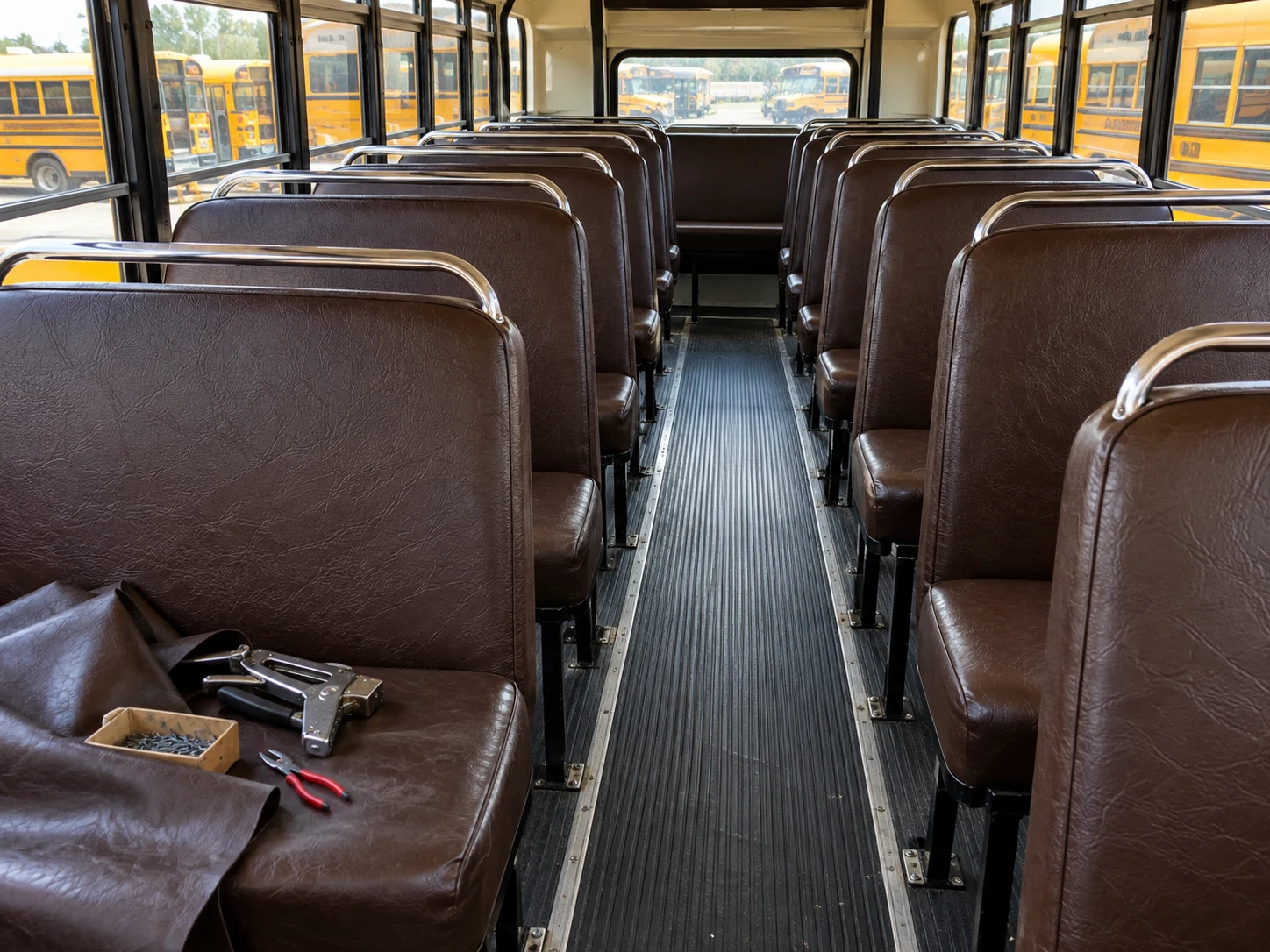 The finished bench bolted back into its row inside the bus