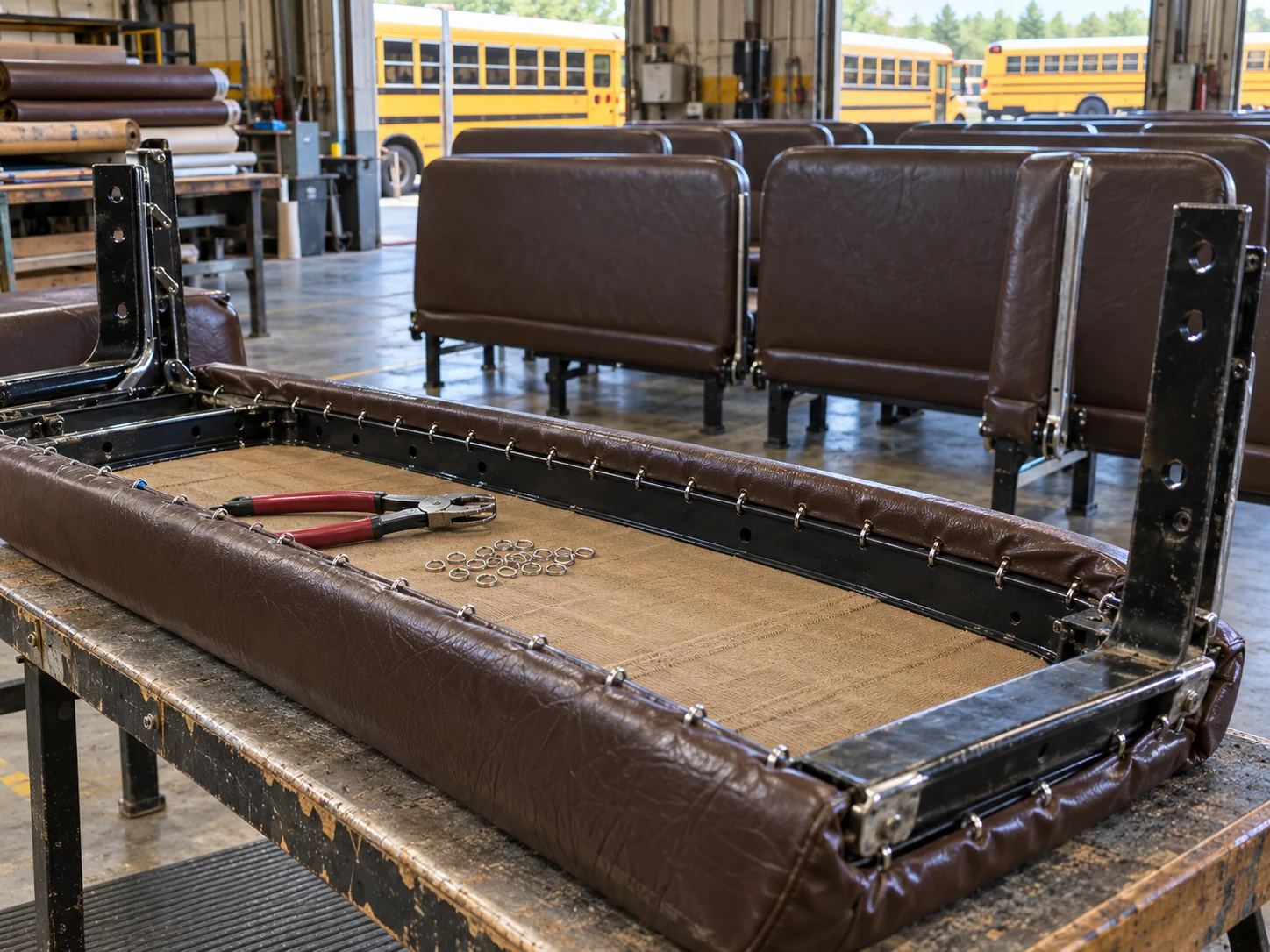 New hog rings closed along the frame rail under a school bus bench