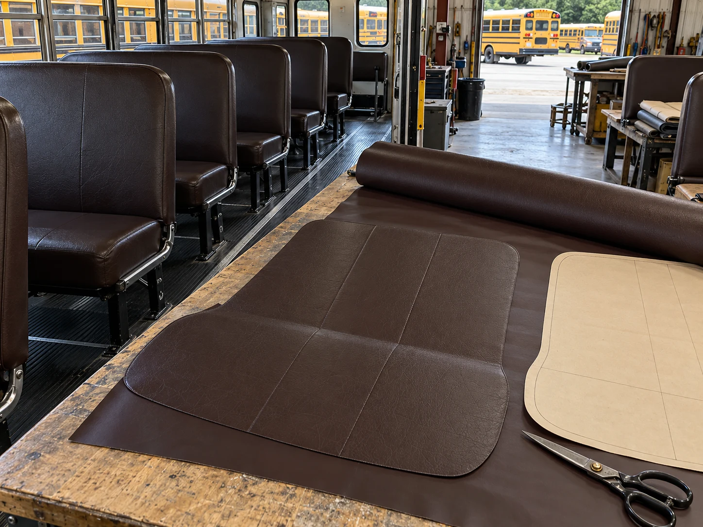 New brown vinyl cut to the pattern of a school bus bench cover