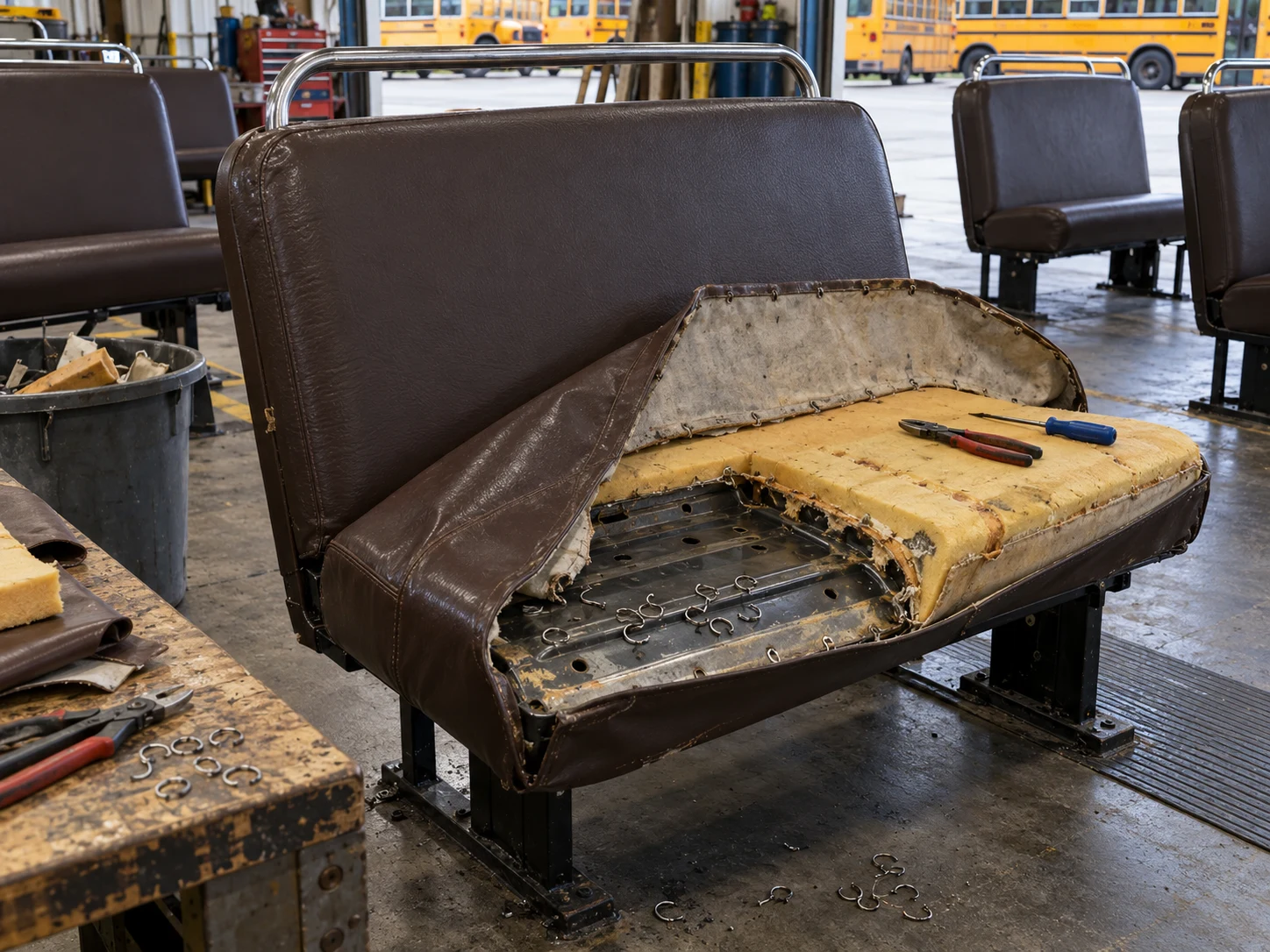 The old cover stripped off a school bus bench, cut hog rings on the bench