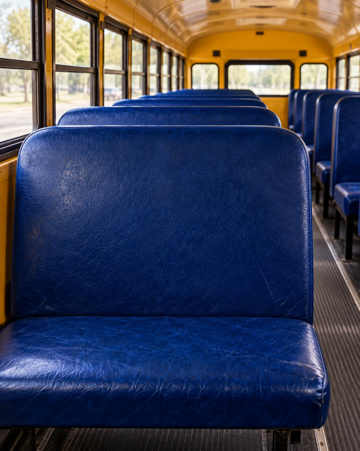 A high-back school bus bench seat