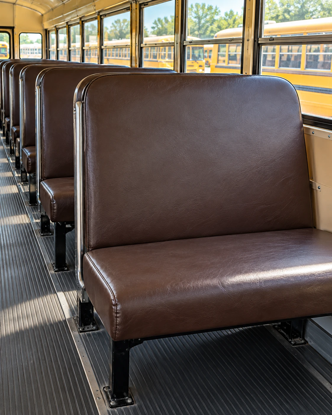 A standard high-back school bus bench seat