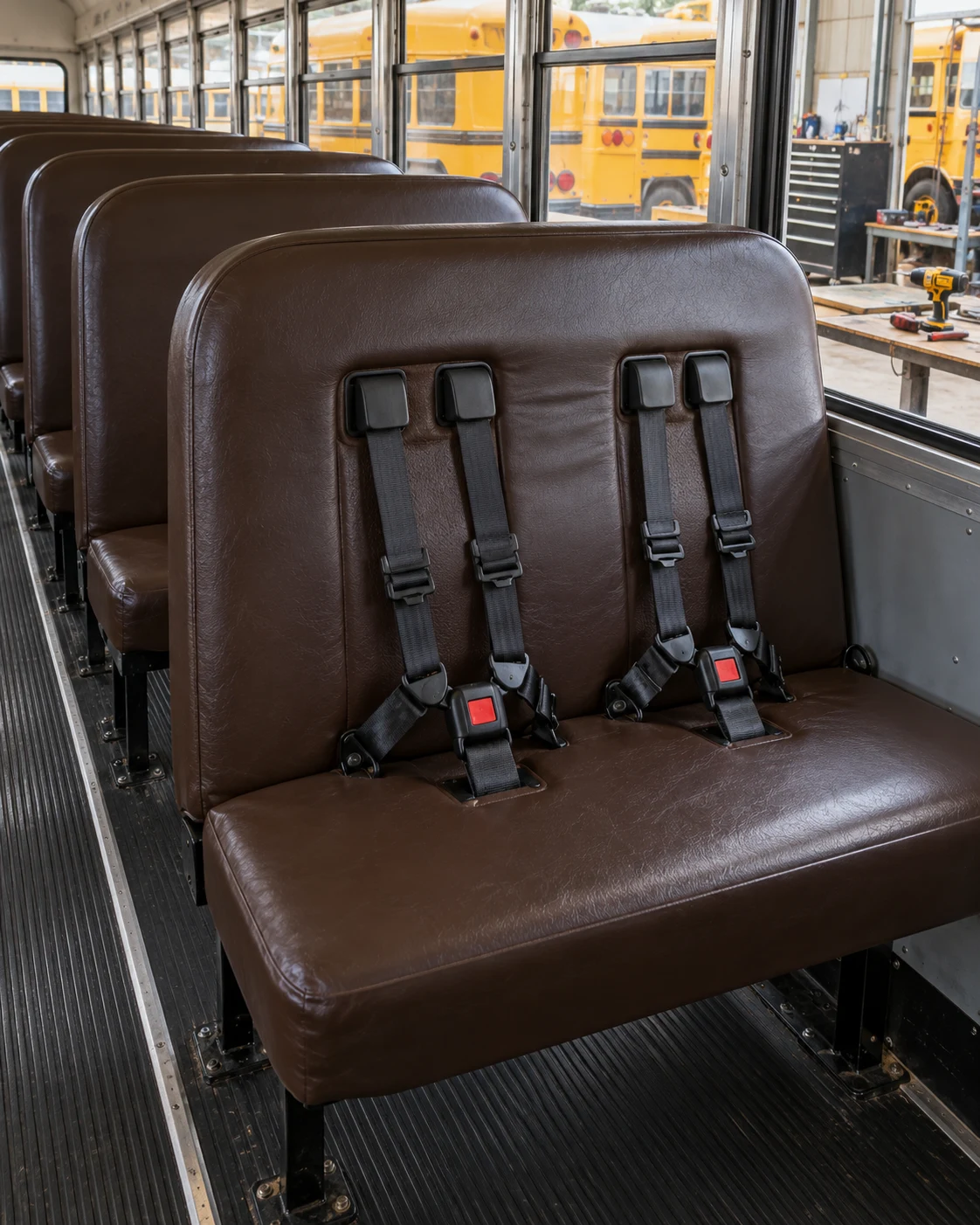 A school bus bench with an integrated child harness