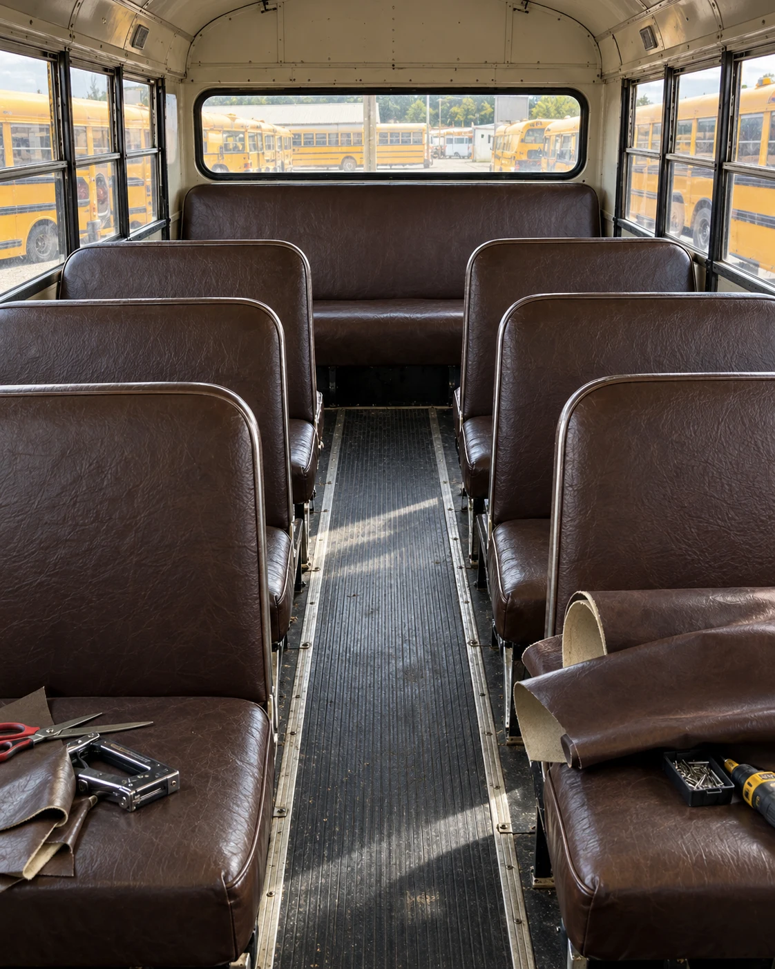 The full-width rear bench of a school bus