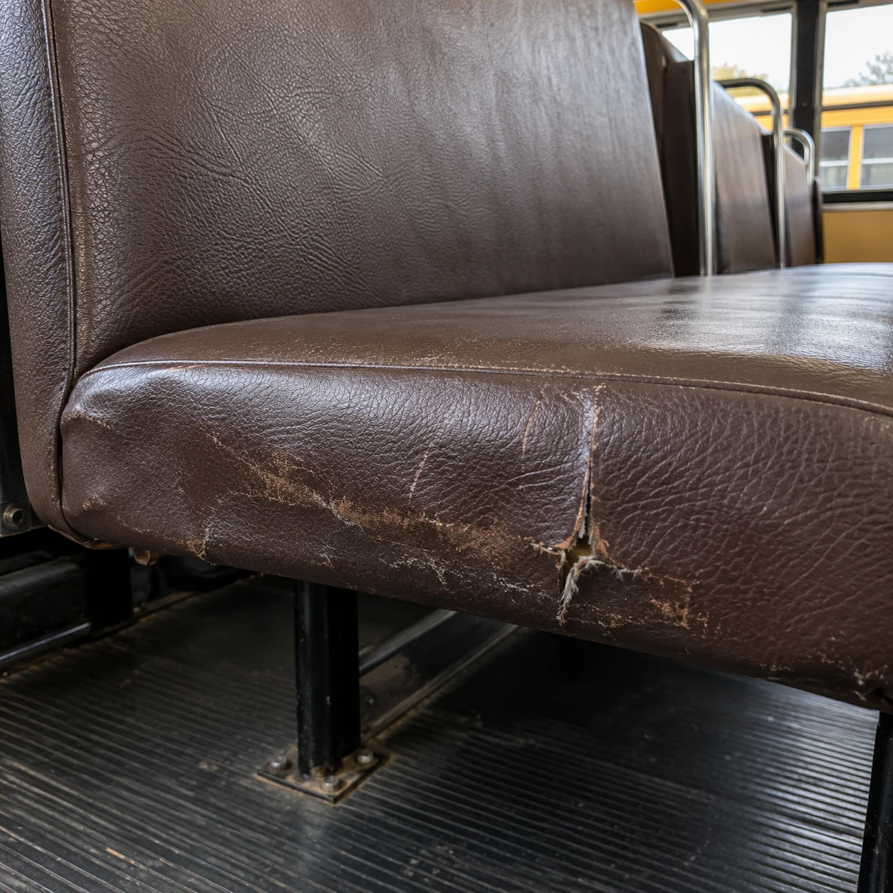 The front bottom edge of a school bus seat split from kicks