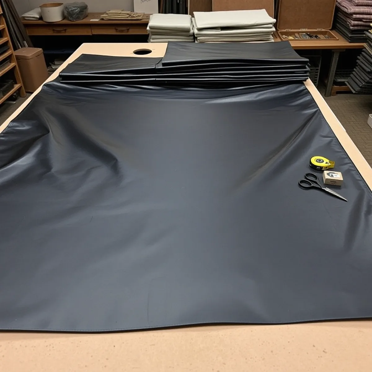 Heavy vinyl laid flat on a cutting table with cut cover panels stacked beside it