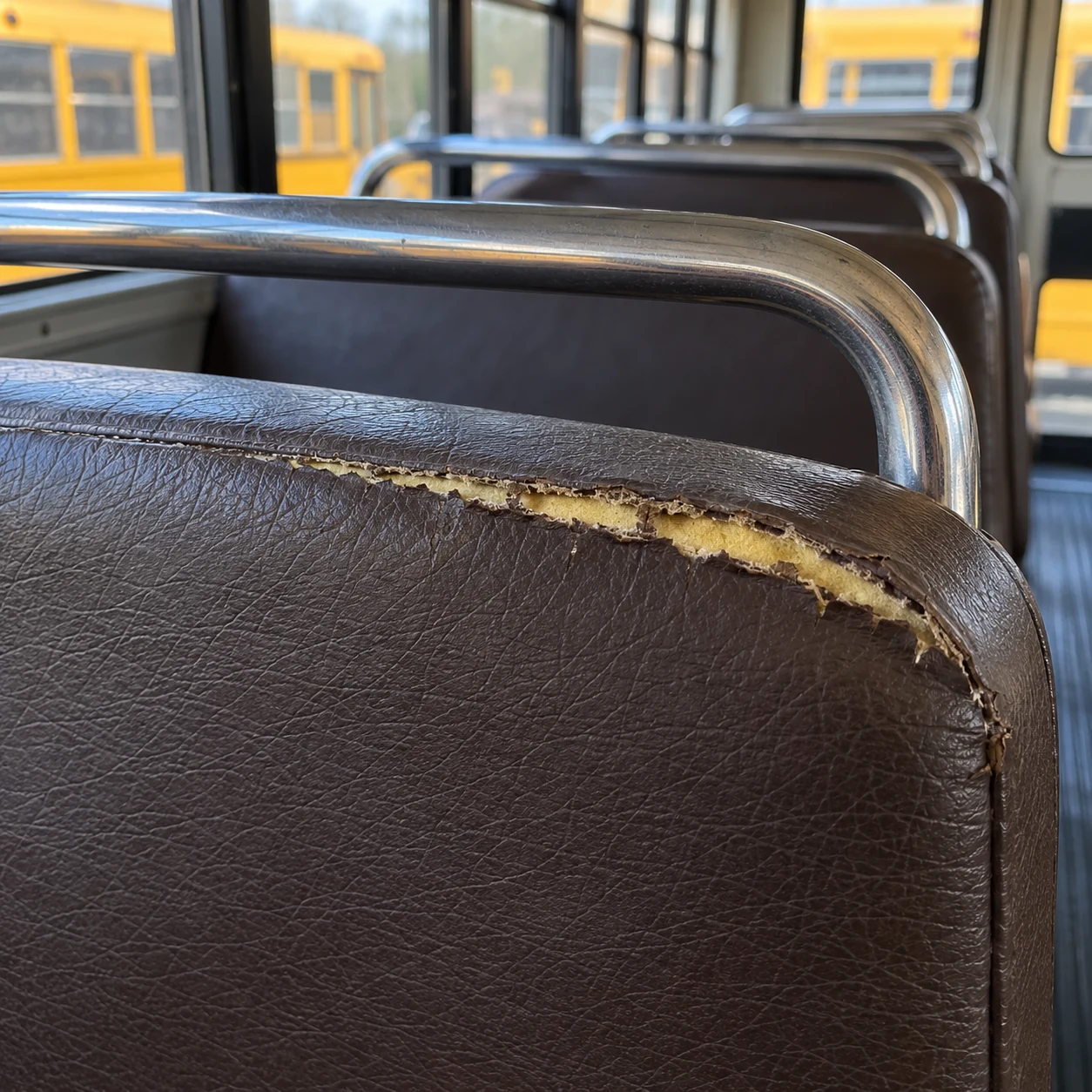 A school bus seat top rail worn through with foam showing