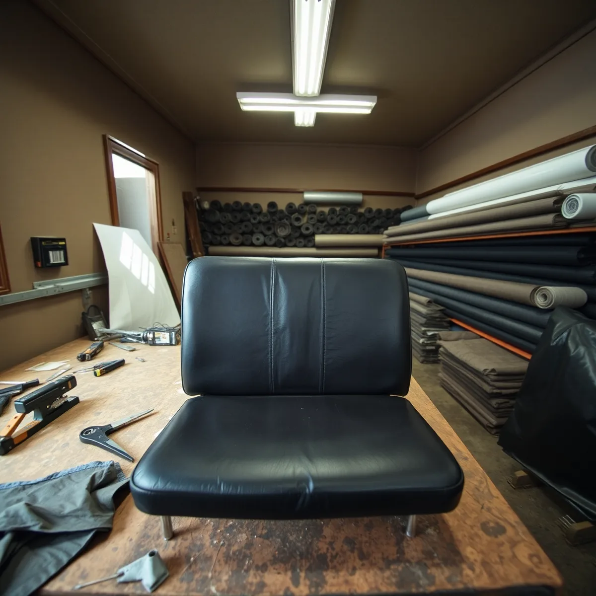 Upholstery workshop bench with a school bus bench seat cushion part way through being re-covered, rolls of vinyl racked behind
