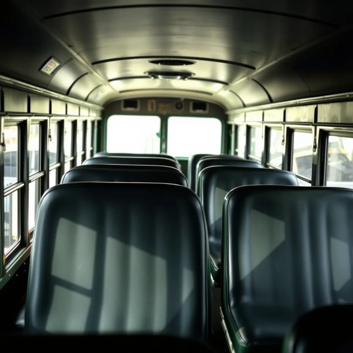 School bus interior with newly covered bench seat backs in clean dark vinyl