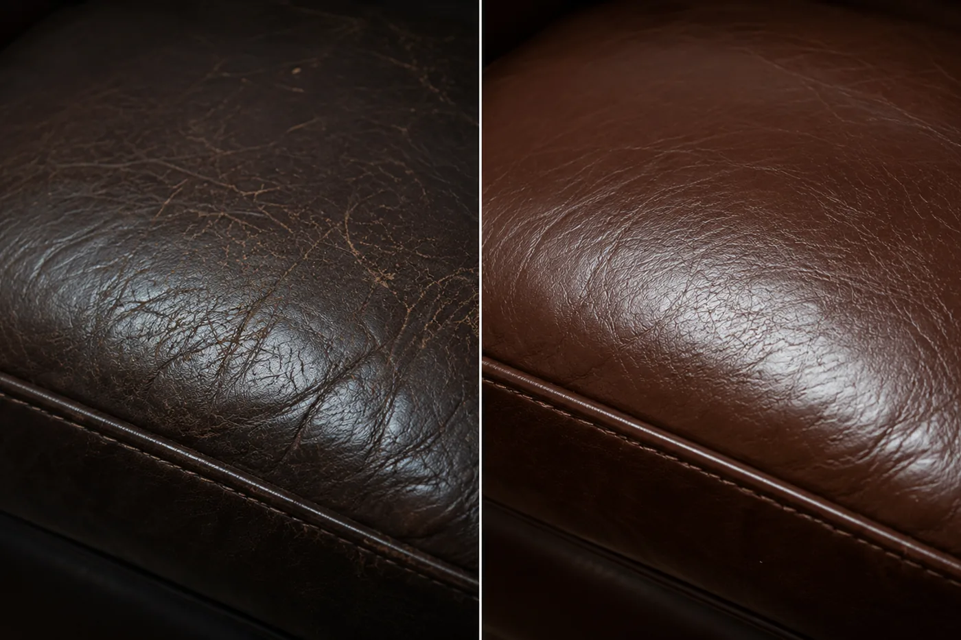 Split image of a leather seat cushion: scratched and dulled on the left, colour and sheen restored on the right