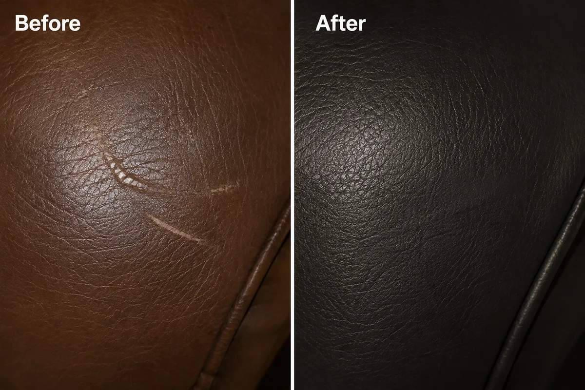 Close-up of a scratched brown leather edge before and after repair along the seam line