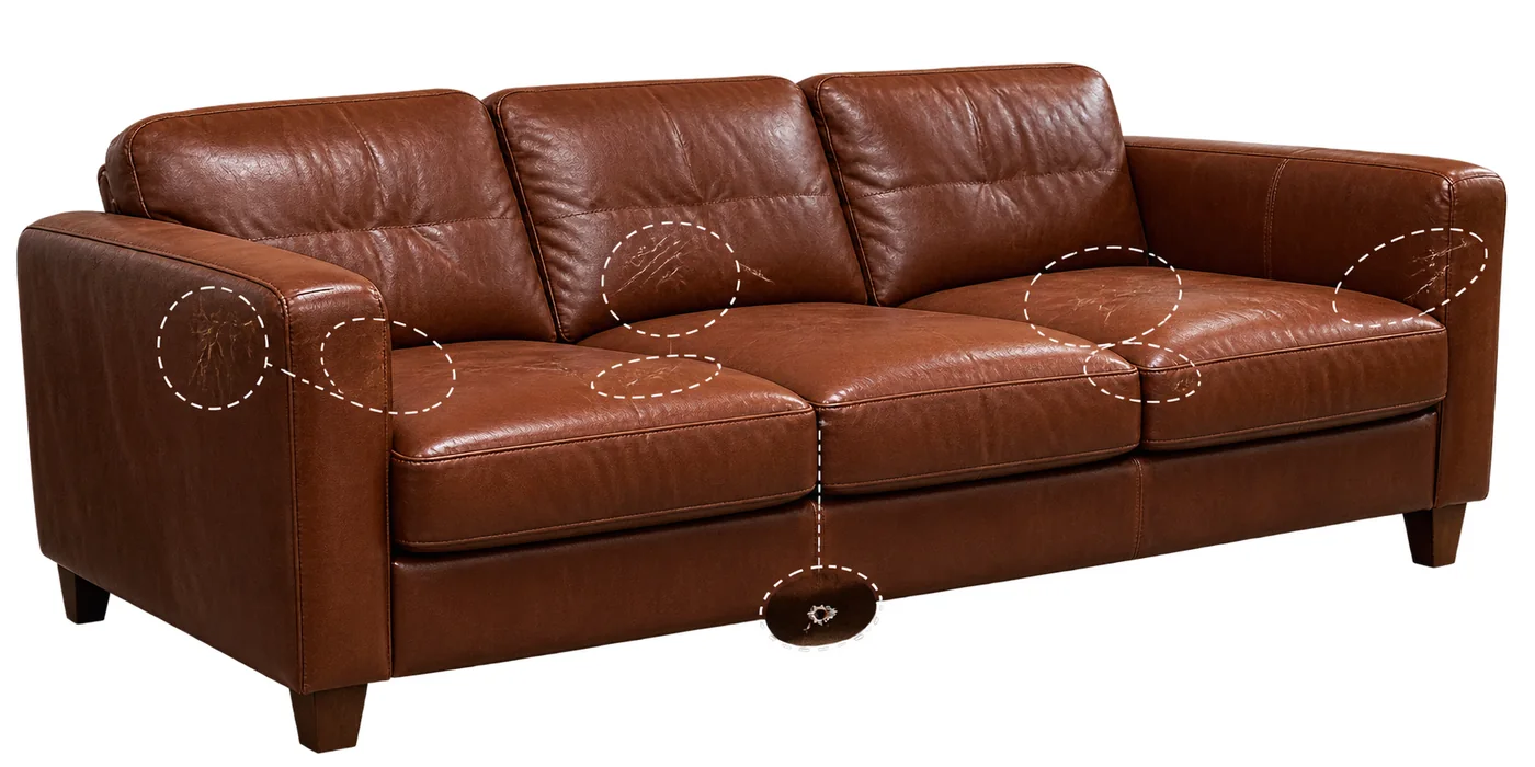 Brown leather sofa with seven areas of scratch damage circled — arm faces, seat cushions, back cushions and the base panel