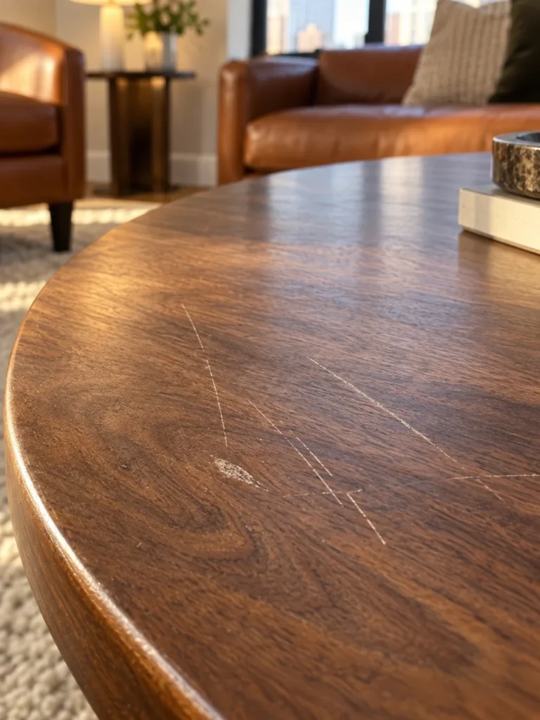 Scratches across a walnut coffee table top