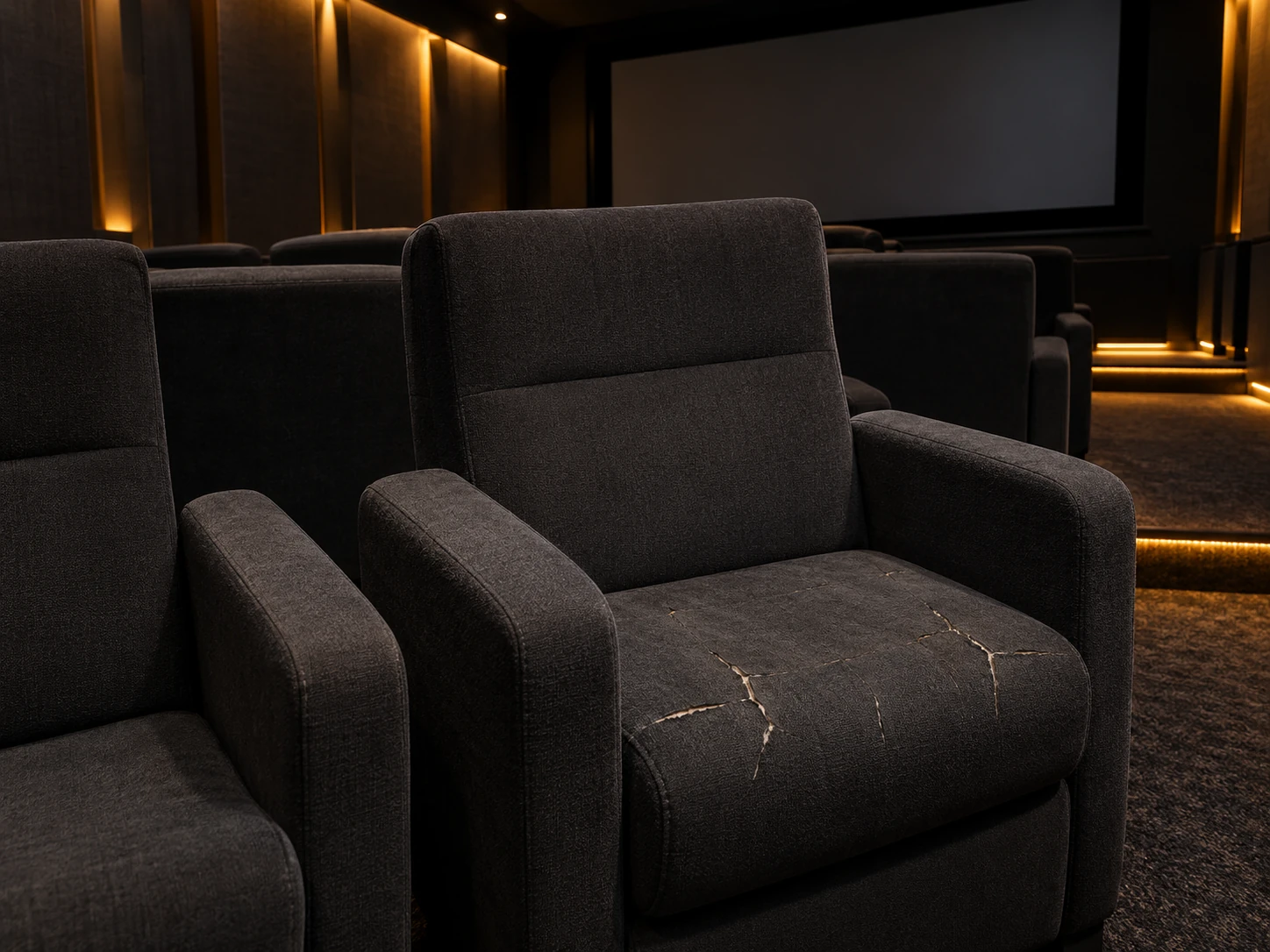 A screening room seat before repair