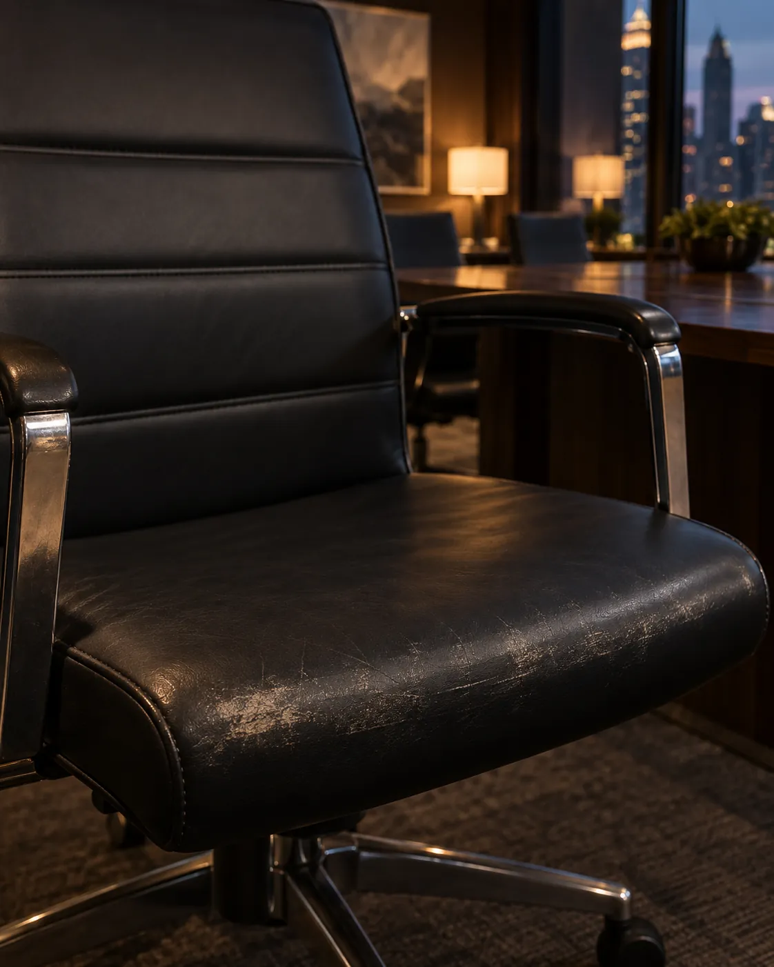 A black vinyl conference chair seat with scuffs and dull patches across the front edge