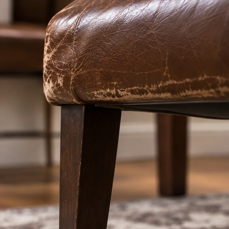 A close view of a brown leather dining chair front edge, the surface rubbed pale and the grain worn away