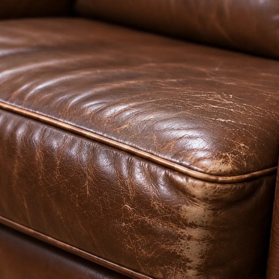 Scuffed front edge of a brown leather seat cushion