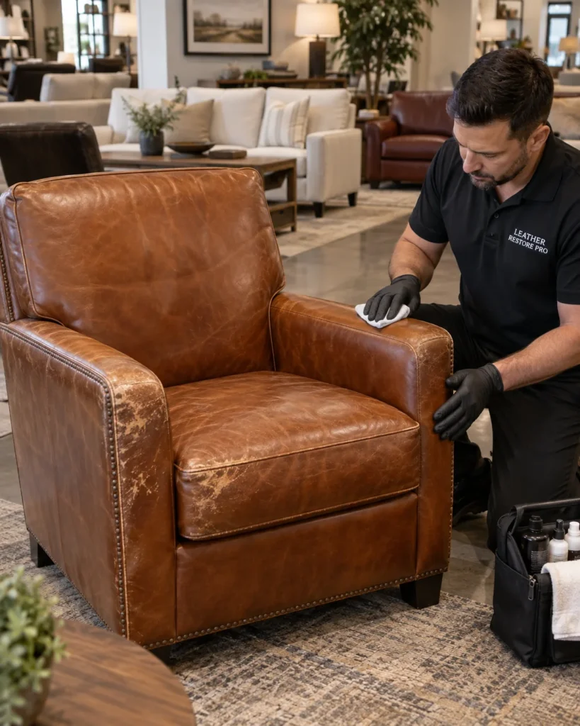 Technician cleaning a scuffed cognac leather armchair floor sample in a showroom