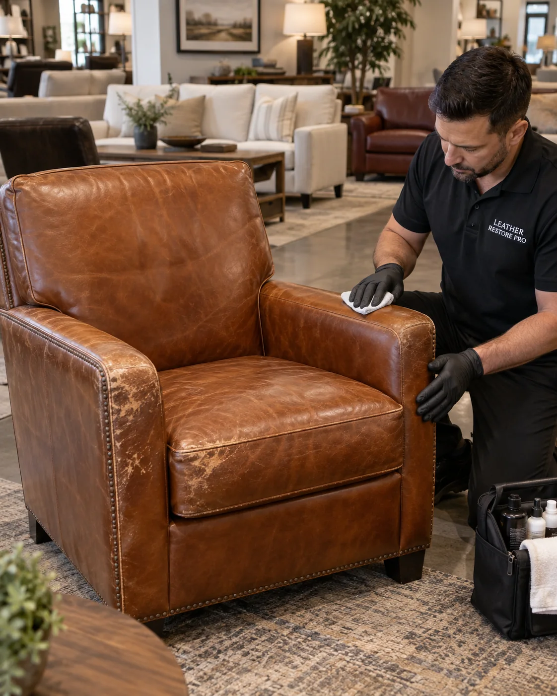 Technician checking a scuffed leather armchair