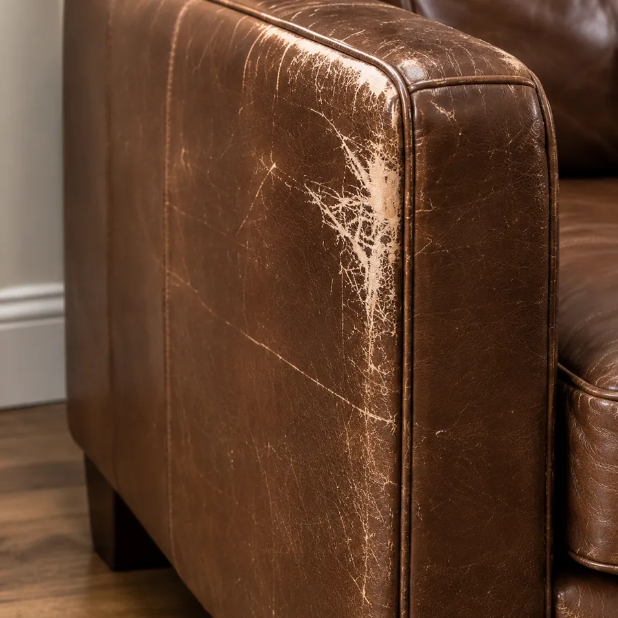 Scuffed outside arm panel of a leather sofa