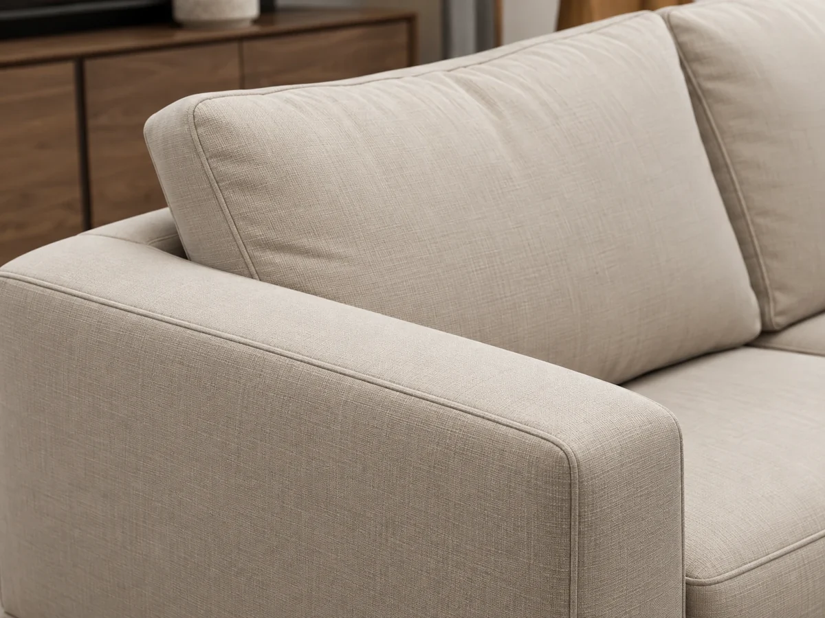Cream fabric sofa arm and seat cushion needing new fill
