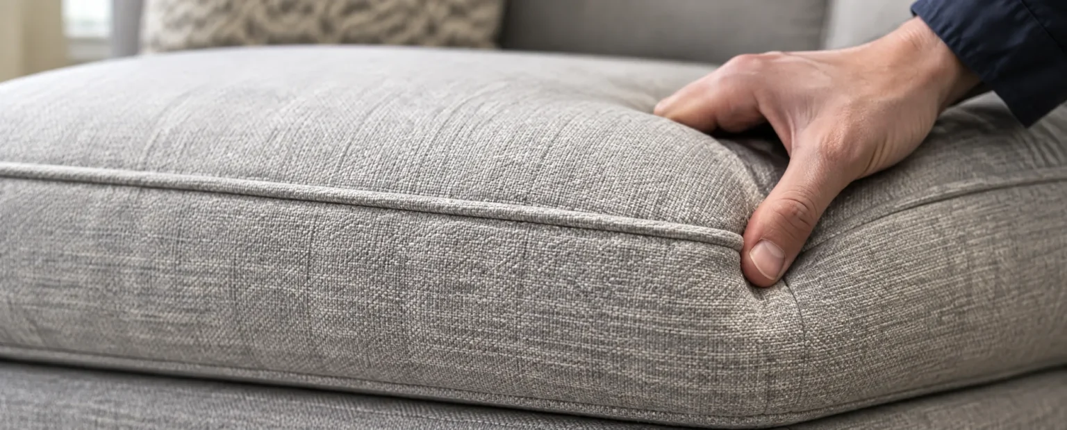 Hand pressing a fabric seat cushion to check its support