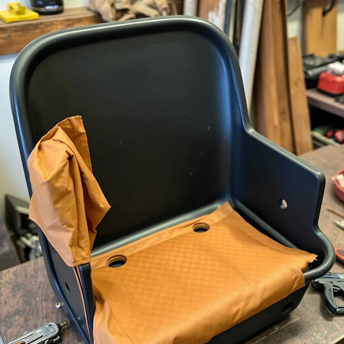 Empty dark metal bus seat pan on a workbench with its vinyl cover peeled back and folded over one end