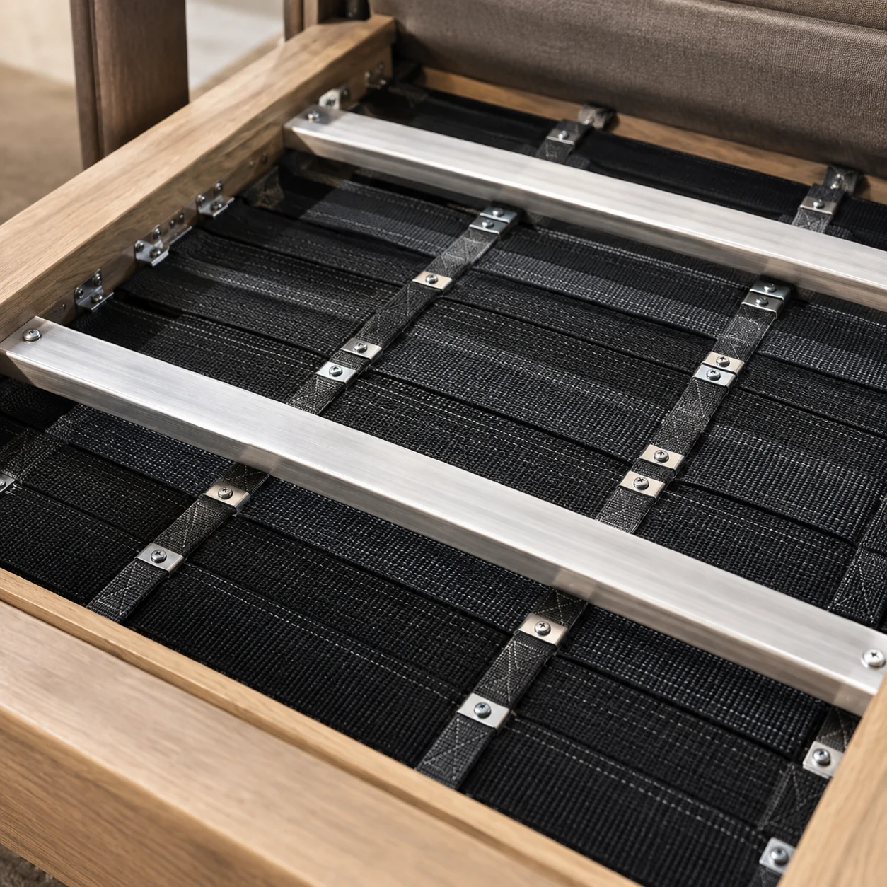 Webbing and support rails inside a sectional frame