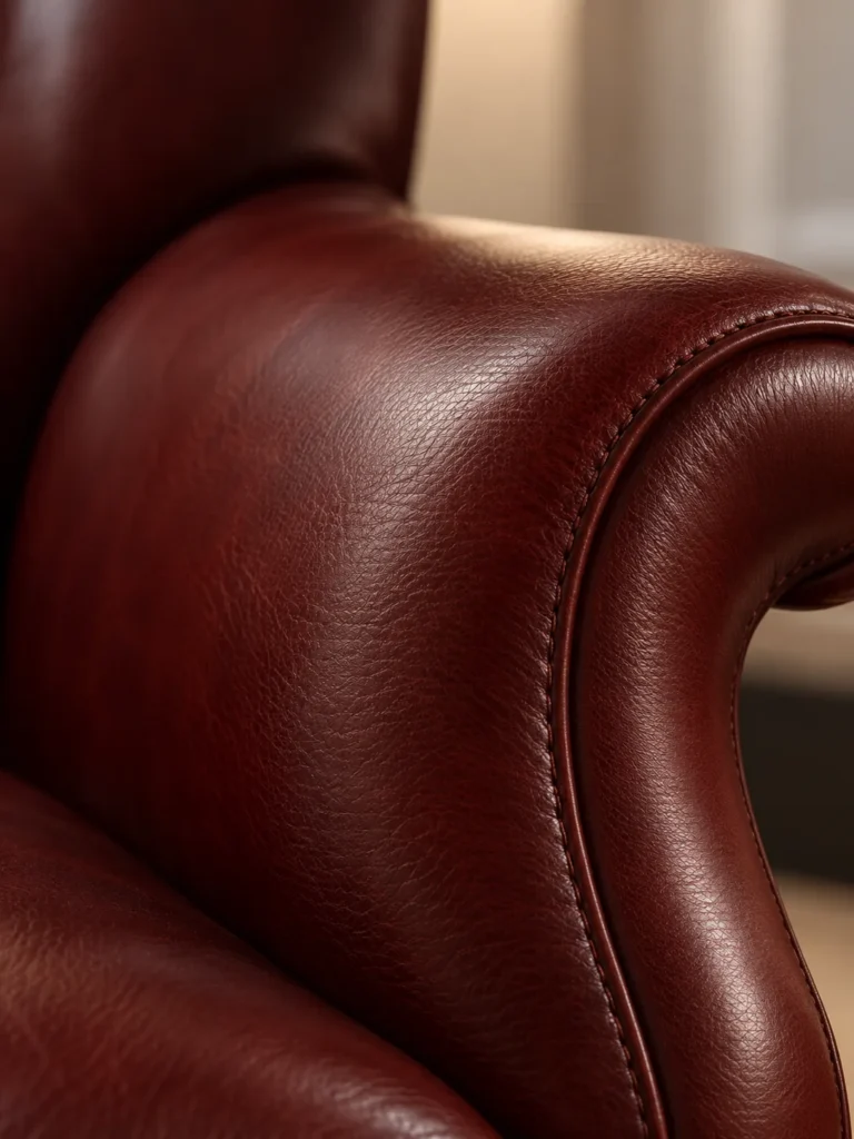 Close-up of semi-aniline leather on an oxblood armchair