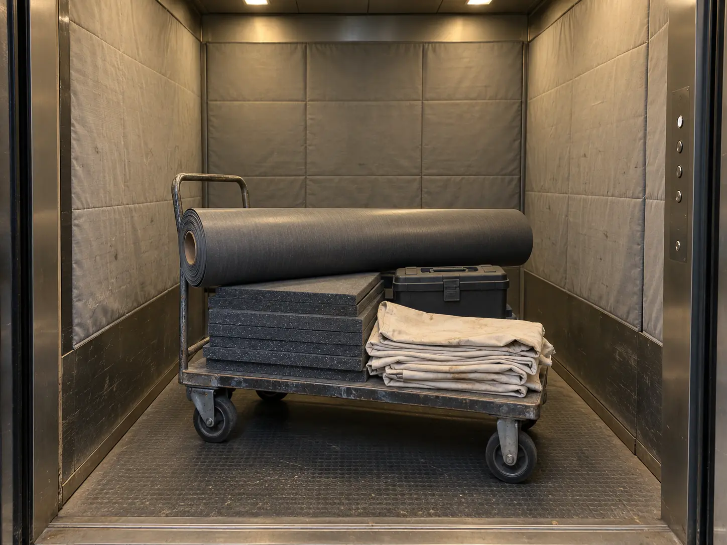 One cart, one day: Vinyl, thread, foam and finish come in on the service elevat