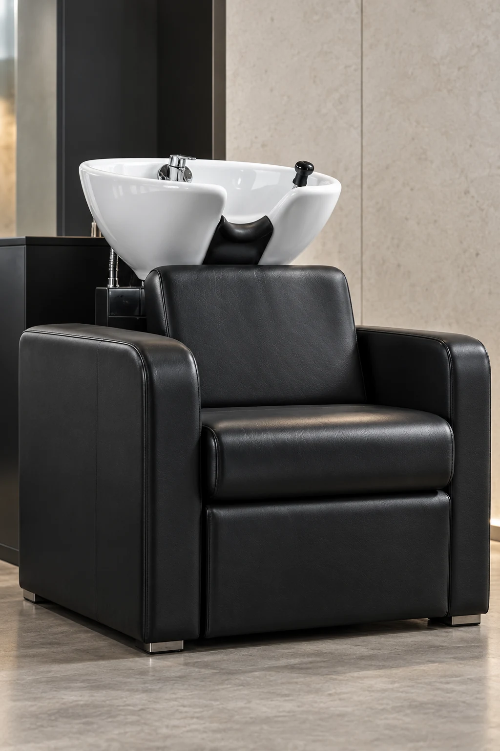 Black backwash chair with a white porcelain shampoo basin at the headrest
