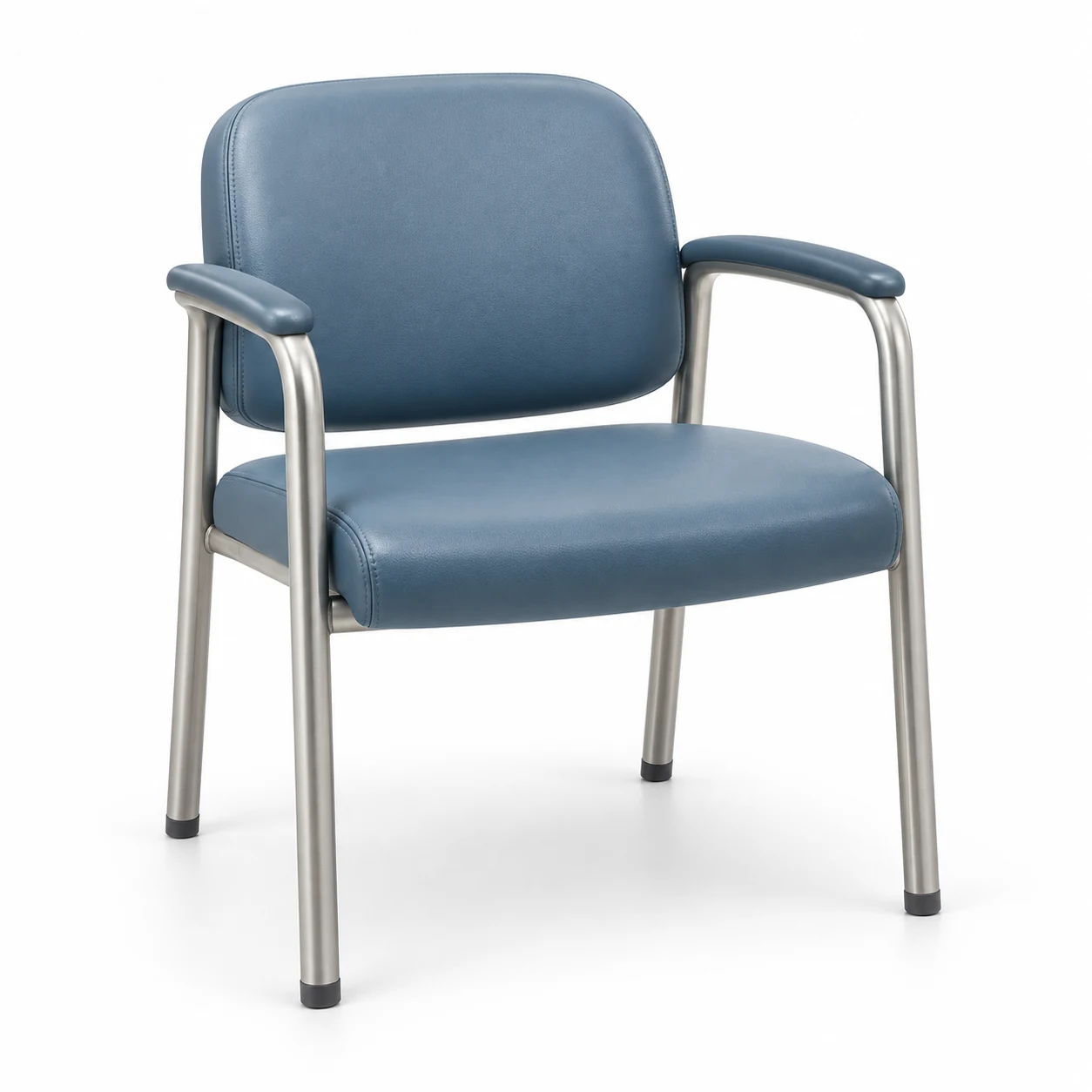 Single blue vinyl waiting room chair with padded arm caps