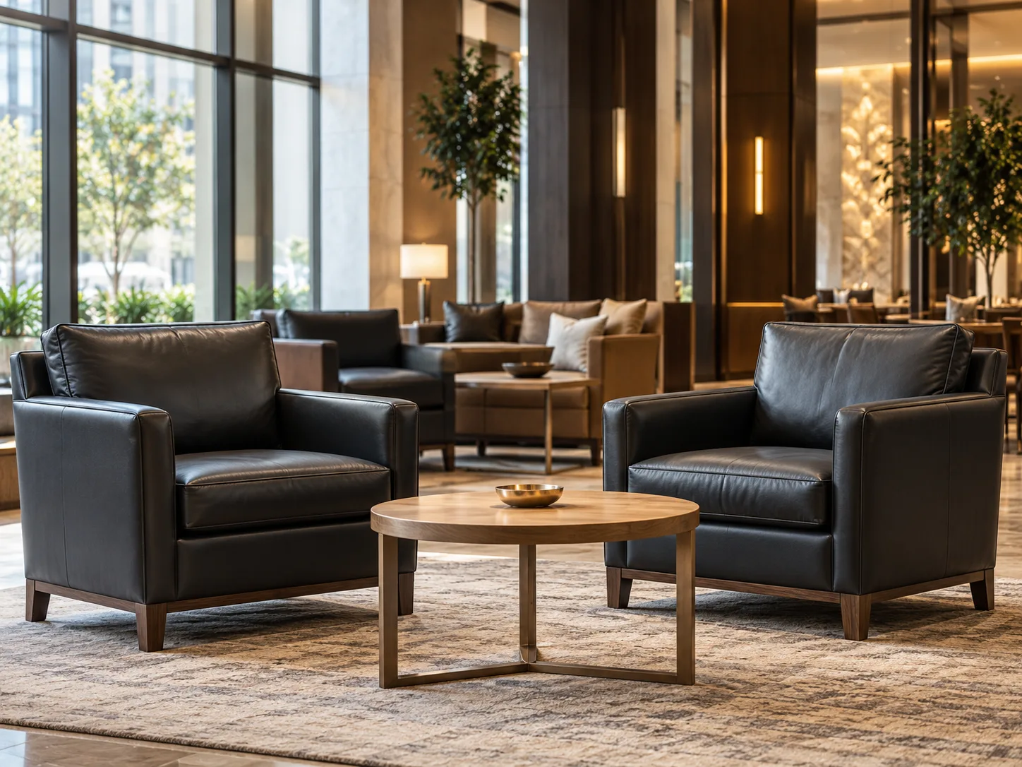 Hotel lobby lounge with leather club chairs assessed as a single location