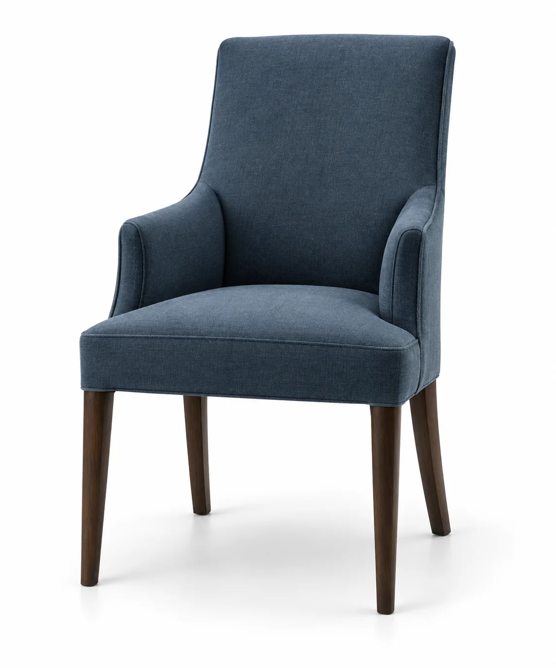 Slate-blue upholstered dining arm chair with open arms