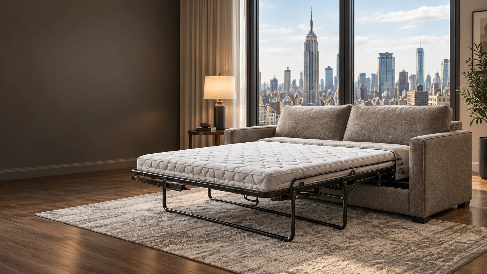 Open sleeper sofa in a city apartment