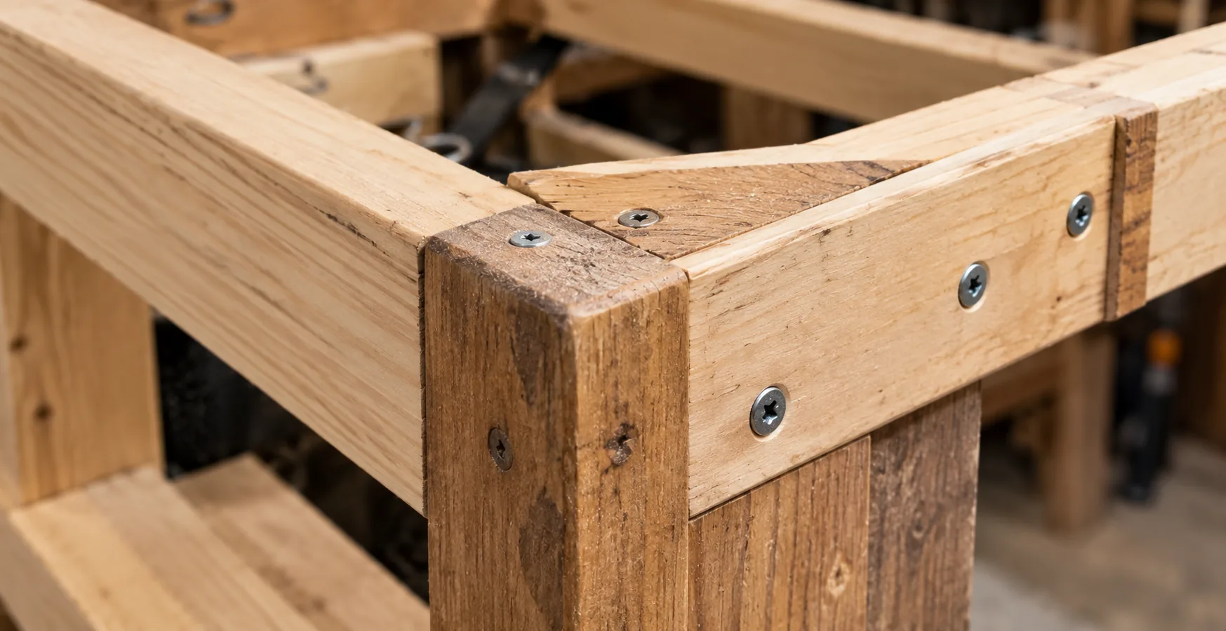 A hardwood sofa frame corner joint with screws and a corner block