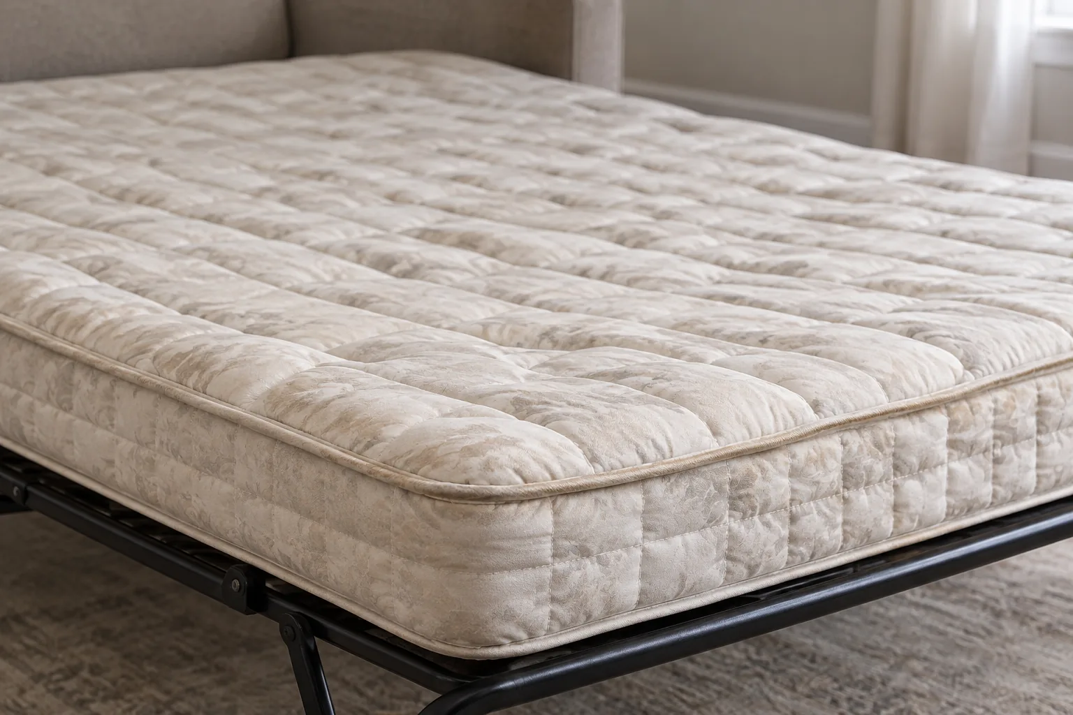 A sofa bed opened out on its quilted mattress